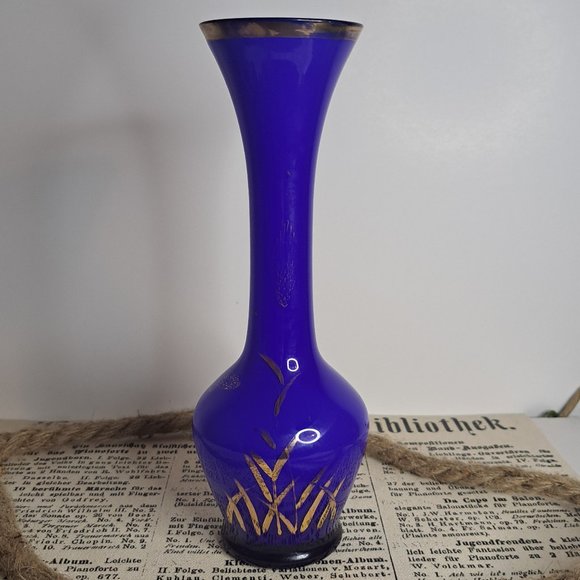 Other - Vintage Cobalt Blue Glass Vase Gold Pattern W/ Botanical Motif